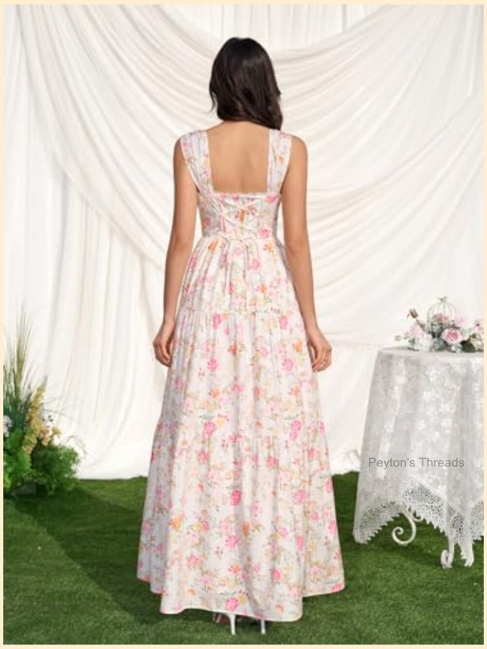 Floral Maxi Dress Lace Up Square Neck Flowy A-Line Wedding Guest Dress - Picture 3 of 7